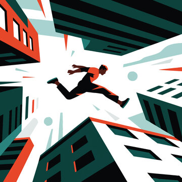 Illustration Of Parkour Athlete Jumping Between Buildings, Extreme Camera Angles Vector Design Template