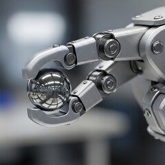 Articulated robotic arm gripping a highly reflective metallic sphere