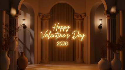 Happy Valentine's Day 2026 neon sign with decorative vases and architectural columns in warm lighting