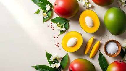 Artistic arrangement of fresh mangoes with flowers on light surface