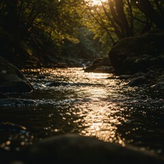 Fototapeta premium Sunlit River in a Forest at Sunset