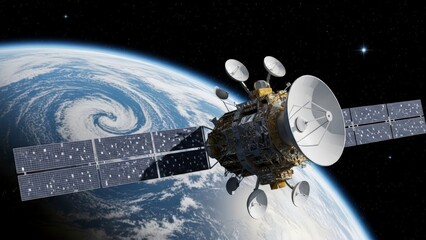Satellite orbiting Earth with a visible hurricane, showcasing advanced space technology and global communication.