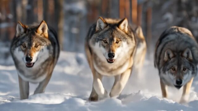 Three wolves sprint across a snowlit forest, snarling, fur glistening under pale dawn light. jagged
