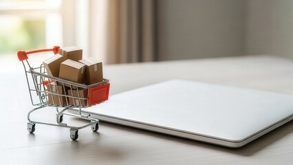 Mini Shopping Cart on Laptop Desk Scene.