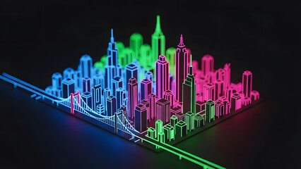 Neon Isometric Smart Cityscape with Glowing Wireframe Skyscrapers and Bridge