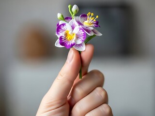 Delicate orchids in the tender grip of human fingers, a tiny bouquet