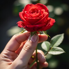 Delicate red rose held in hand against blurred bokeh background scene