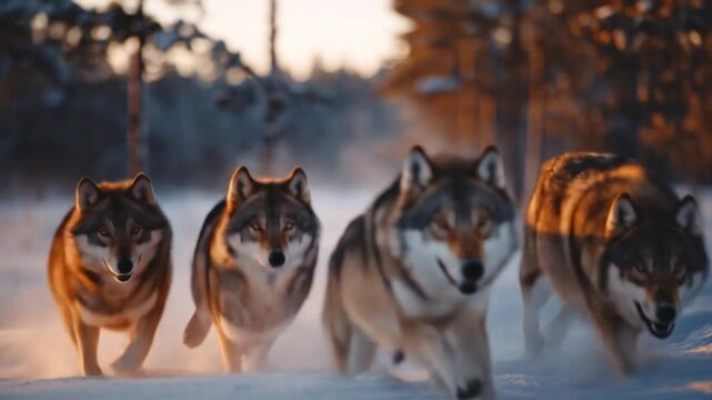 A pack of gray wolves sprints through a snowy forest, orange sunset lighting drifting mist. at dusk