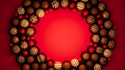A delightful arrangement of assorted chocolates and shiny red berries form a circular border on a vibrant red background perfect for a festive occasion or sweet treat