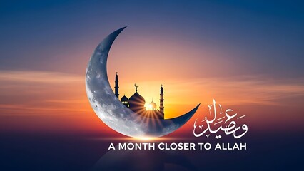 Crescent moon and mosque silhouetted against a vibrant sunset sky, symbolizing Ramadan blessings.