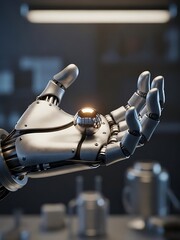 Futuristic robotic hand delicately grasping a shiny metallic sphere with care