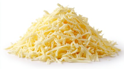 Fototapeta premium A close-up shot of a pile of shredded, creamy-yellow cheese on a white background, suggesting a culinary element