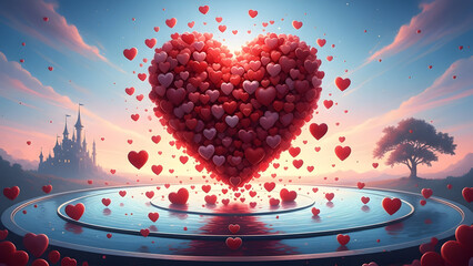 A surreal landscape overflows with floating red hearts surrounding a giant heart formation above a tranquil water feature near a fantastical castle and a solitary tree against a sunset sky