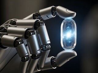 Robotic hand presents glowing capsule of energy, showcasing innovation