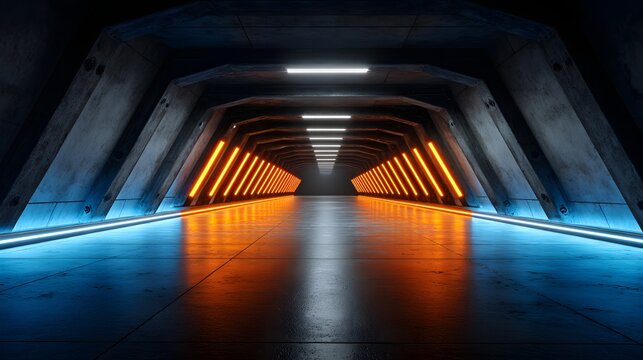 Futuristic Sci-Fi Tunnel with Orange and Blue Neon Lights. - Powered by Adobe