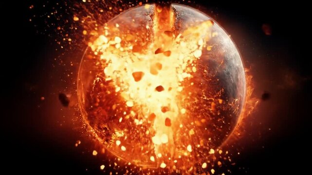 Planet split by a blazing eruption; molten core spews shards in a fiery explosion across space afar
