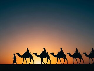 Silhouetted Camel Caravan at Sunset