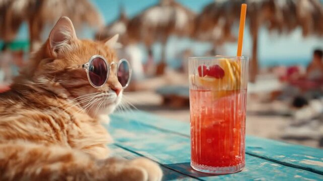 Sunny beach orange tabby cat in sunglasses lounges by a red cocktail on a table, sea in background