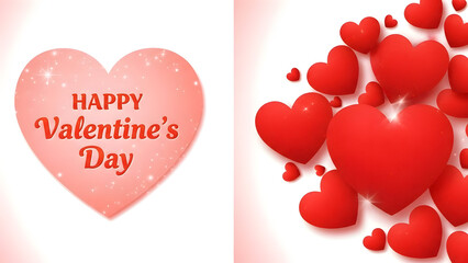 A pink heart with happy Valentine's Day text and a cluster of red hearts against a white background
