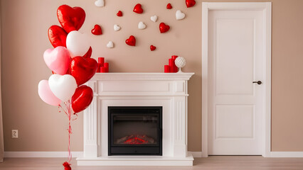 A romantic interior scene features a festive collection of heart-shaped balloons in red white and pink adorning a white fireplace adorned with candles and decorative items next to a closed door