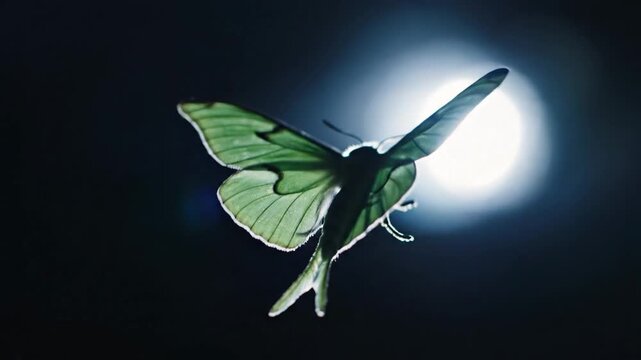 A luminous green moth gracefully flutters towards a bright light source in the dark night sky