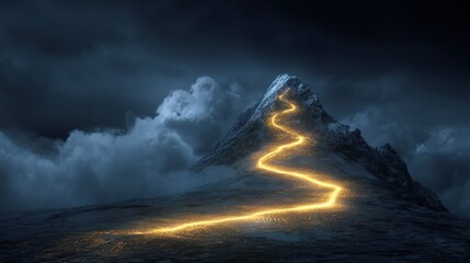 A majestic mountain peak is shrouded in dramatic clouds, with a glowing path winding towards its summit under a night sky
