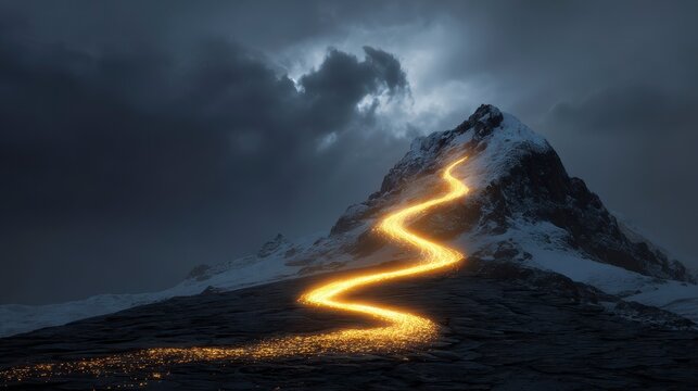 A snow-capped mountain against a stormy sky, with a bright, winding golden path leading to its peak