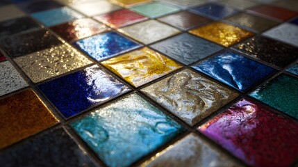 Close-up of a colorful mosaic tile floor with a glossy finish.