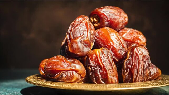 Close up of pile of sweet dried dates on golden plate against dark background for Ramadan Iftar