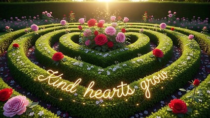 Romantic garden with heart-shaped hedges and blooming roses, bathed in soft sunlight.