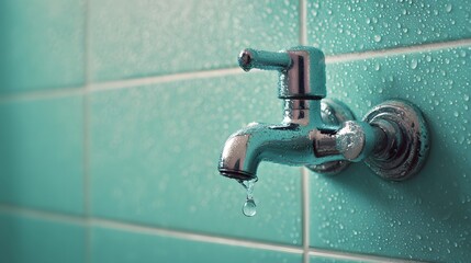 Close-up of a dripping water tap on a tiled wall with water droplets.