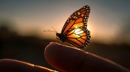 A close-up shows a monarch butterfly perched on a fingertip, silhouetted against a golden, sunlit sky. Its wings are outstretched, showcasing intricate patterns