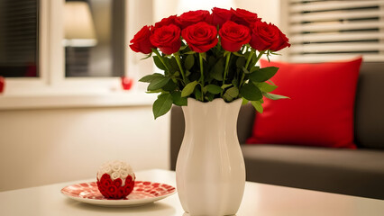 Fototapeta premium A beautiful bouquet of red roses in a white vase sits on a table with a decorative candle and a red cushion visible in the background