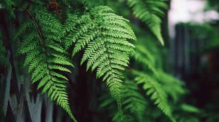 Lush green fern fronds display intricate patterns against a dark, blurred background