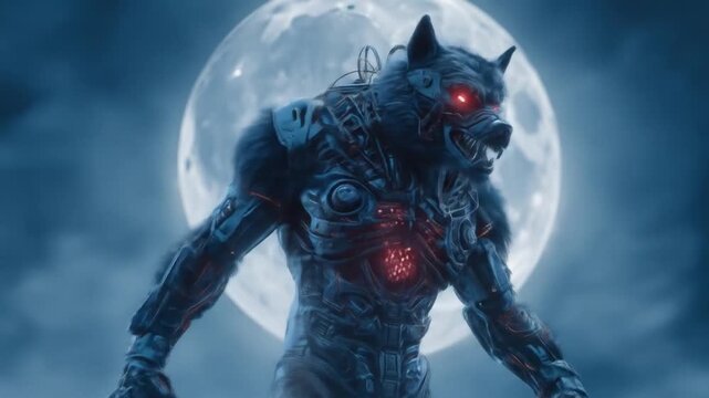 Cybernetic werewolf silhouette under a bright full moon, red chest cores pulsing. ominous gears hiss