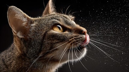 Close-up of a tabby cat licking its nose with water droplets splashing.