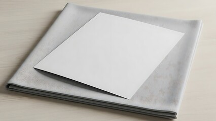 Clean white paper sheet atop a light grey soft fabric stack on wood desk