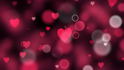 A captivating abstract scene filled with glowing pink and red hearts and soft bokeh circles on a dark backdrop creating a romantic and whimsical atmosphere