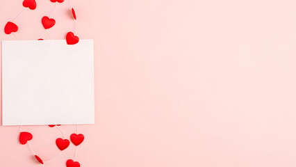 A blank card rests on a soft pink background adorned with a string of red hearts perfect for a Valentine's Day message
