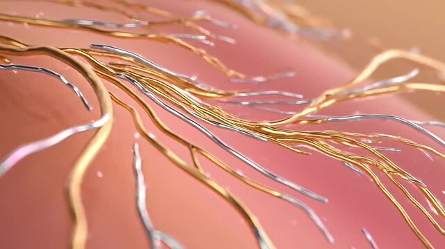 Abstract golden threads flowing over a soft pink surface in a close-up view