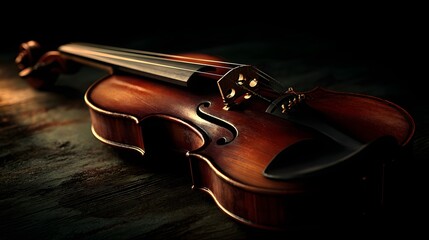 Close-up of a vintage violin resting on a dark, textured surface.