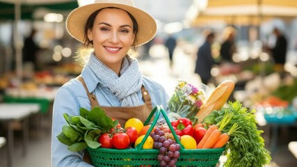 Woman holding basket of fresh produce outdoors