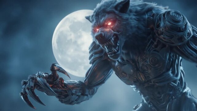 Moonlit battlefield reveals a cybernetic werewolf lunging, glowing red eyes, metallic gears; sparks