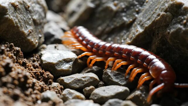 A reddish-brown centipede with many legs navigates through a narrow rocky crevice in a natural environment
