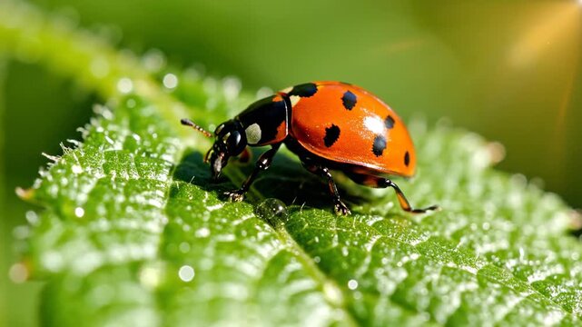 A scarlet ladybug with black spots crawls across a textured green leaf in macro detail