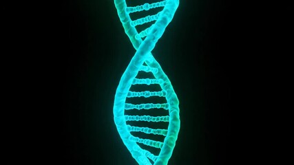 A detailed 3d rendering of a rotating dna double helix structure, glowing with bright cyan light against a deep black background, symbolizing genetic research. - Powered by Adobe