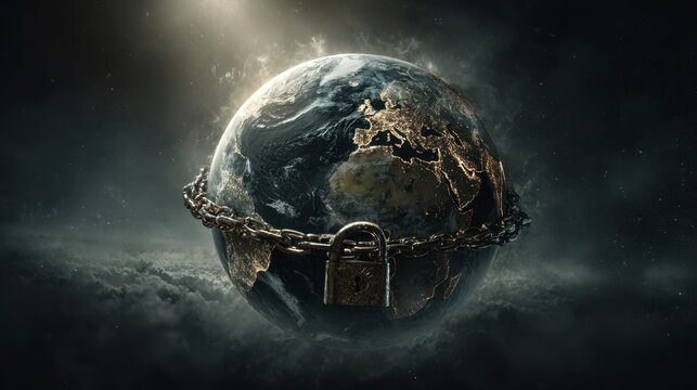 A globe encircled by chains and a padlock, symbolizing constraints in a dramatic cloudy sky