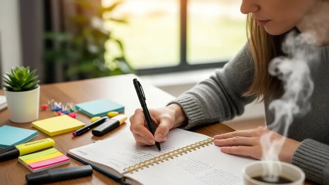 Woman writing in notebook at wooden desk with office supplies and coffee