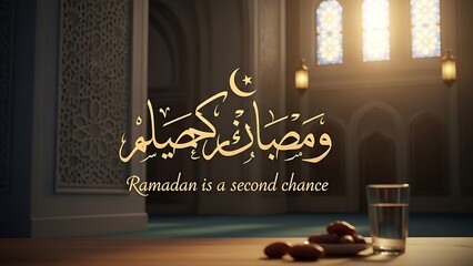 Warm Ramadan greetings with dates and water in a mosque setting