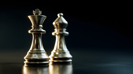Close-up of two metallic chess pieces, a king and a bishop, on a reflective surface.